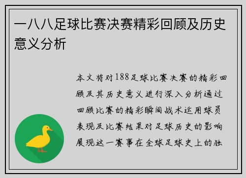 一八八足球比赛决赛精彩回顾及历史意义分析