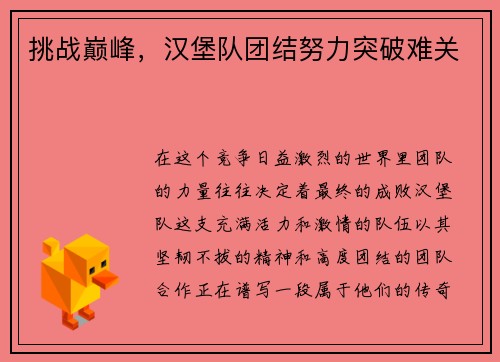 挑战巅峰，汉堡队团结努力突破难关