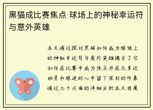 黑猫成比赛焦点 球场上的神秘幸运符与意外英雄