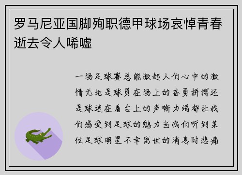罗马尼亚国脚殉职德甲球场哀悼青春逝去令人唏嘘