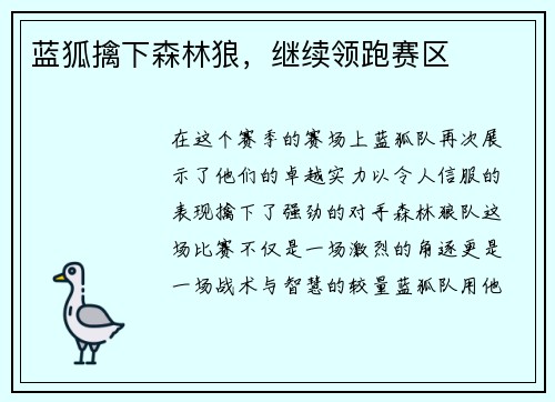 蓝狐擒下森林狼，继续领跑赛区