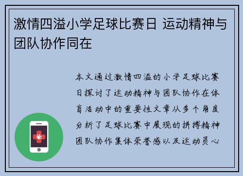 激情四溢小学足球比赛日 运动精神与团队协作同在
