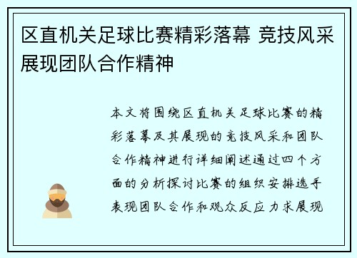 区直机关足球比赛精彩落幕 竞技风采展现团队合作精神