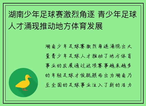 湖南少年足球赛激烈角逐 青少年足球人才涌现推动地方体育发展