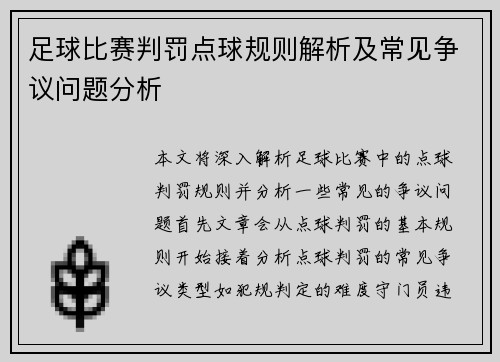 足球比赛判罚点球规则解析及常见争议问题分析