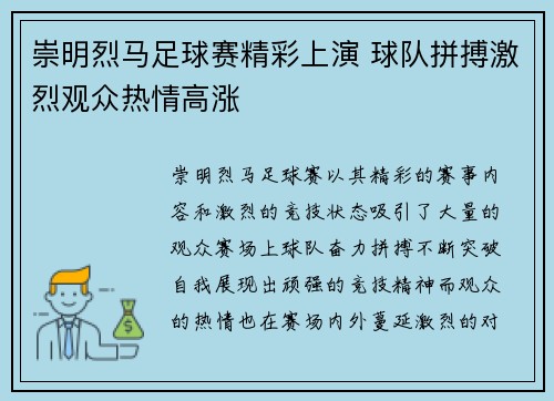 崇明烈马足球赛精彩上演 球队拼搏激烈观众热情高涨