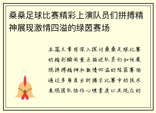桑桑足球比赛精彩上演队员们拼搏精神展现激情四溢的绿茵赛场