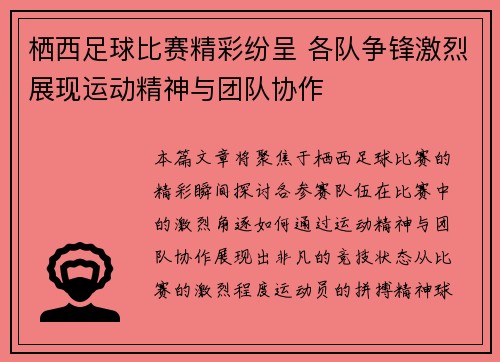 栖西足球比赛精彩纷呈 各队争锋激烈展现运动精神与团队协作