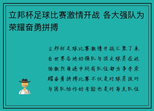 立邦杯足球比赛激情开战 各大强队为荣耀奋勇拼搏
