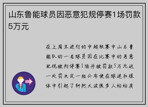 山东鲁能球员因恶意犯规停赛1场罚款5万元
