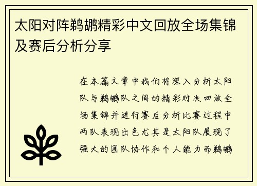 太阳对阵鹈鹕精彩中文回放全场集锦及赛后分析分享