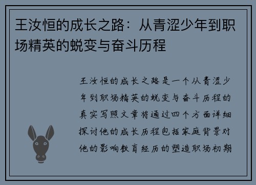 王汝恒的成长之路：从青涩少年到职场精英的蜕变与奋斗历程