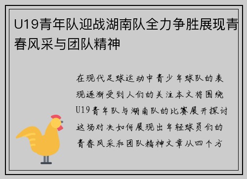 U19青年队迎战湖南队全力争胜展现青春风采与团队精神