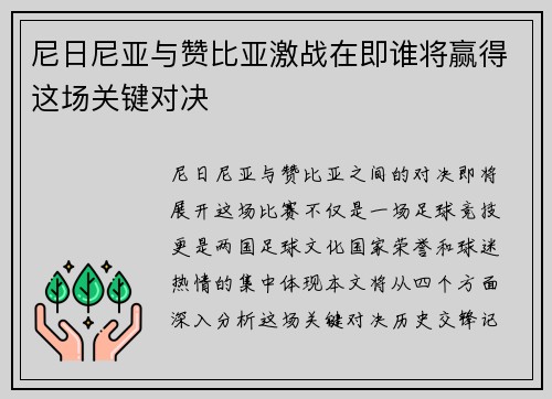 尼日尼亚与赞比亚激战在即谁将赢得这场关键对决