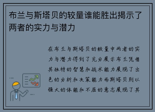 布兰与斯塔贝的较量谁能胜出揭示了两者的实力与潜力