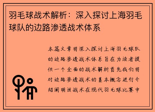 羽毛球战术解析：深入探讨上海羽毛球队的边路渗透战术体系