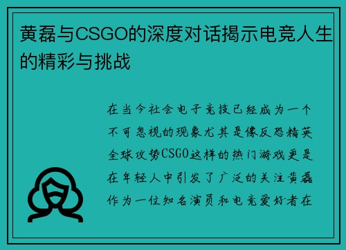 黄磊与CSGO的深度对话揭示电竞人生的精彩与挑战