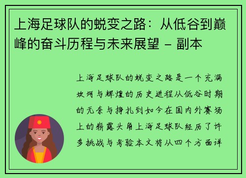 上海足球队的蜕变之路：从低谷到巅峰的奋斗历程与未来展望 - 副本